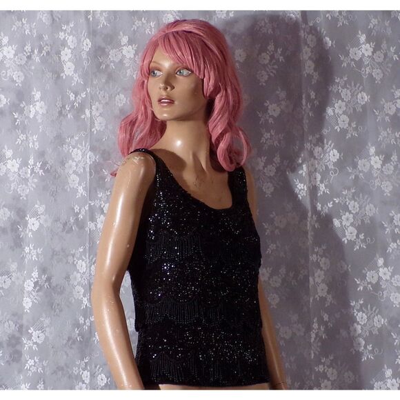 Vintage 60s Sequin Top 1960s Black Shimmy Jo-Ro of Miami Glam Size Medium S/M - Picture 2 of 5